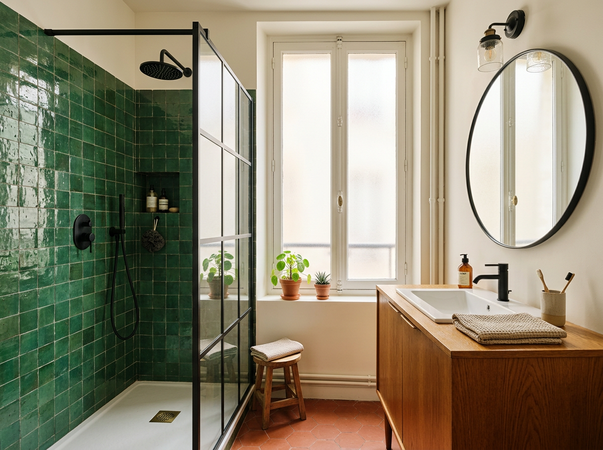 Image générée d’une salle de bain avec carreaux verts et douche à l’italienne