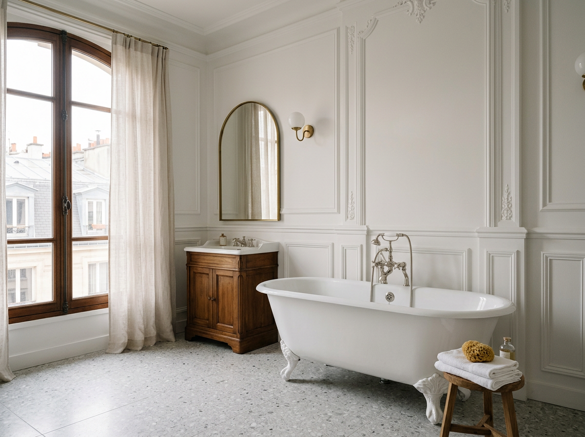 Image générée d’une salle de bain haussmannienne avec baignoire et sol en terrazzo