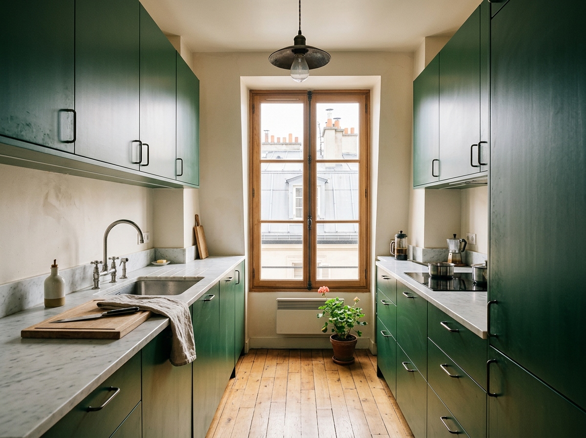Image générée d’une cuisine verte étroite dans un appartement parisien