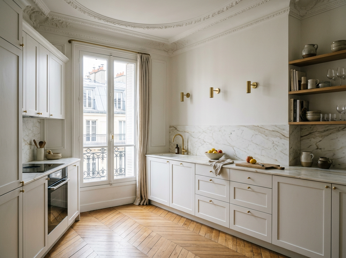 Image générée d’une cuisine blanche avec parquet à chevrons dans un appartement parisien