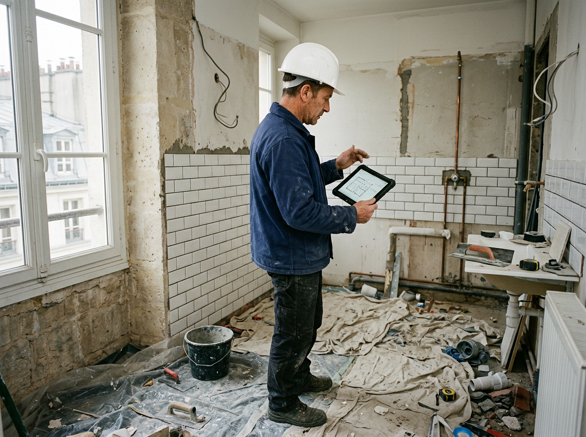 Image générée d’un professionnel casqué contrôlant une rénovation avec une tablette